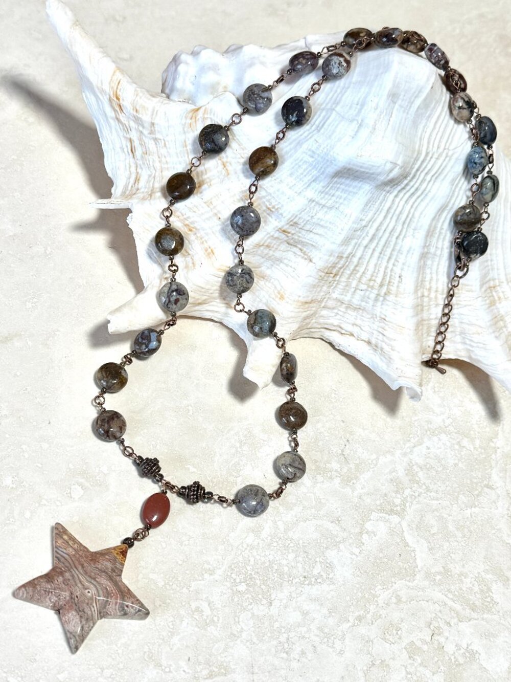 Natural Earthy Agate Star Pendant Long Necklace, Genuine Gemstone + Copper Links